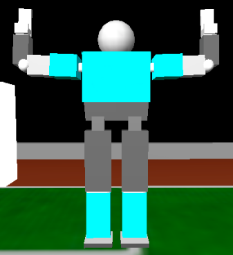 Front view of an early blocky articulated Soccerbot model with raised arms